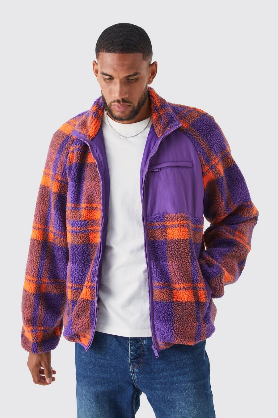 Purple Tall Rutig jacka i teddy med panel i nylon image number 1