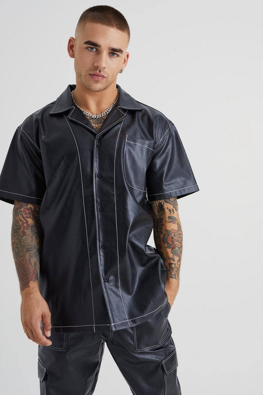 Black svart Short Sleeve Oversized Contrast Stitch Pu Shirt