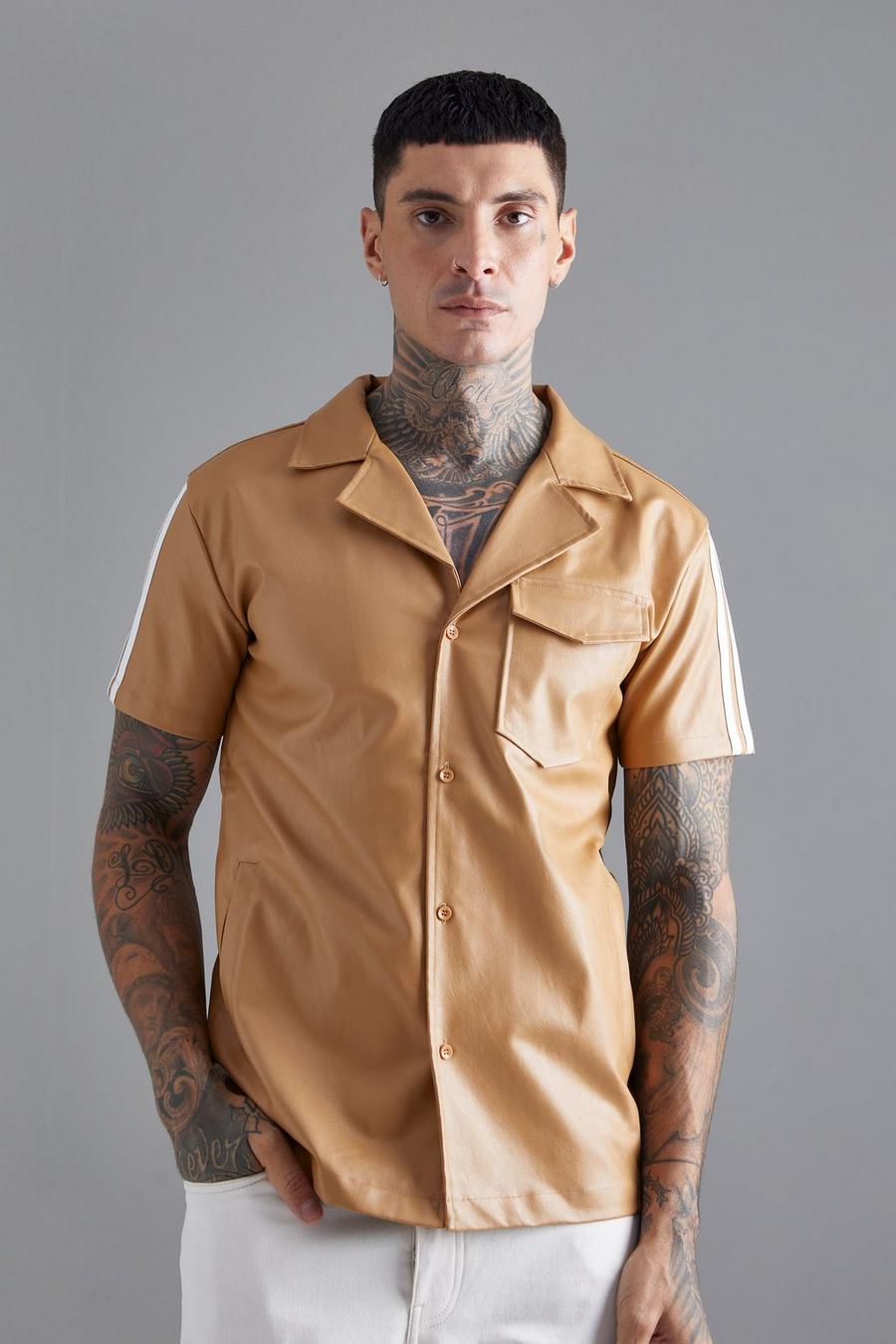 Camisa de manga corta con solapas y detalle de cinta, Tan brown