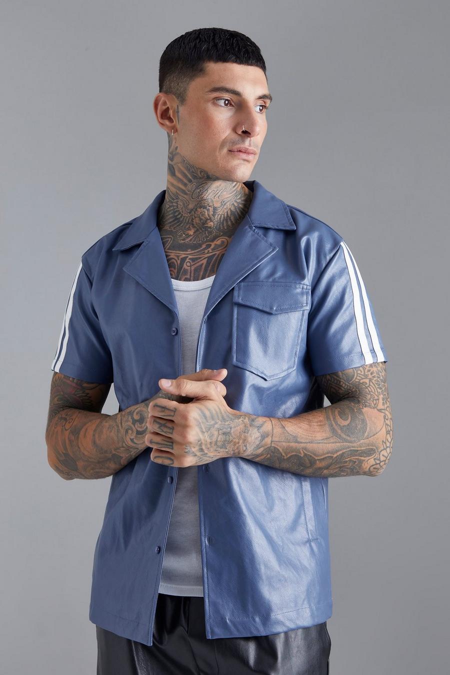 Blue azzurro Short Sleeve Dropped Revere Tape Detail Shirt