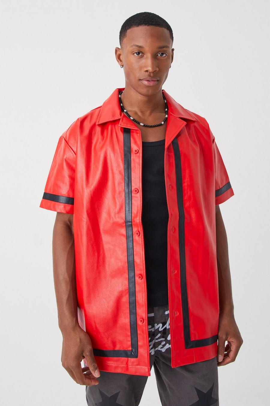 Camicia oversize a maniche corte in PU con bordi, Red image number 1