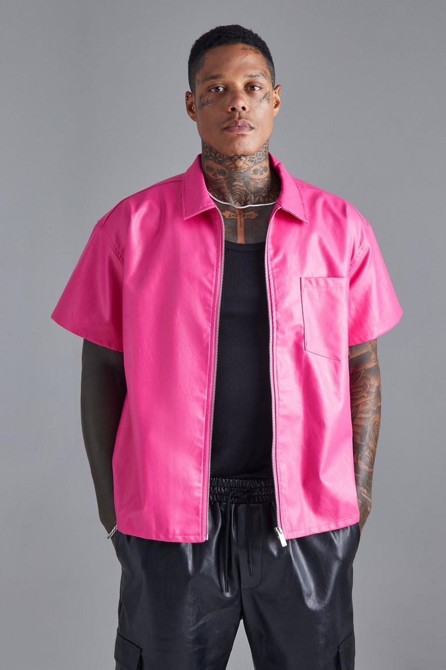 Pink Boxy PU Overhemd Met Korte Mouwen En Rits