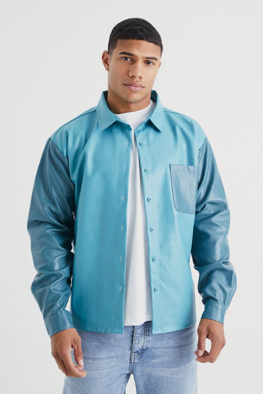 Blue PU Overhemd Met Color Block Zakken