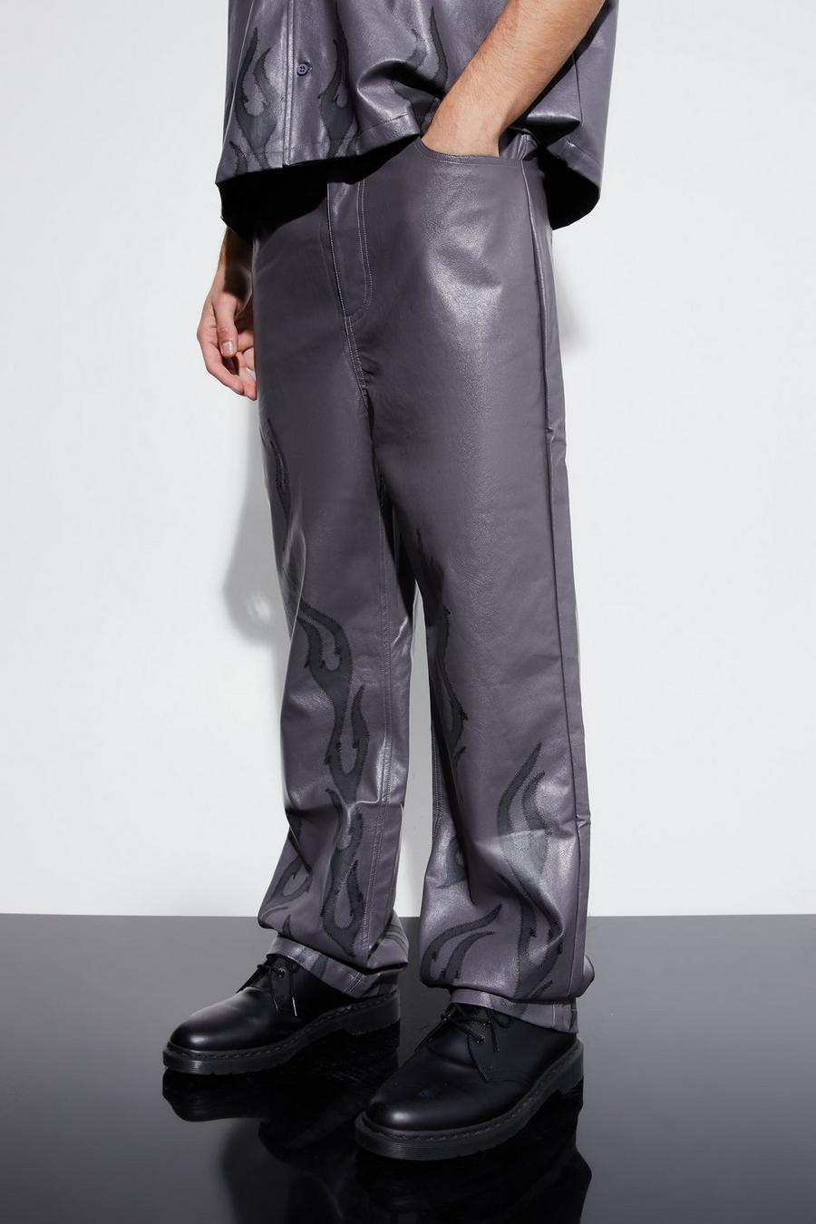 Pantalón recto de cuero sintético con llamas en el filo, Grey grigio