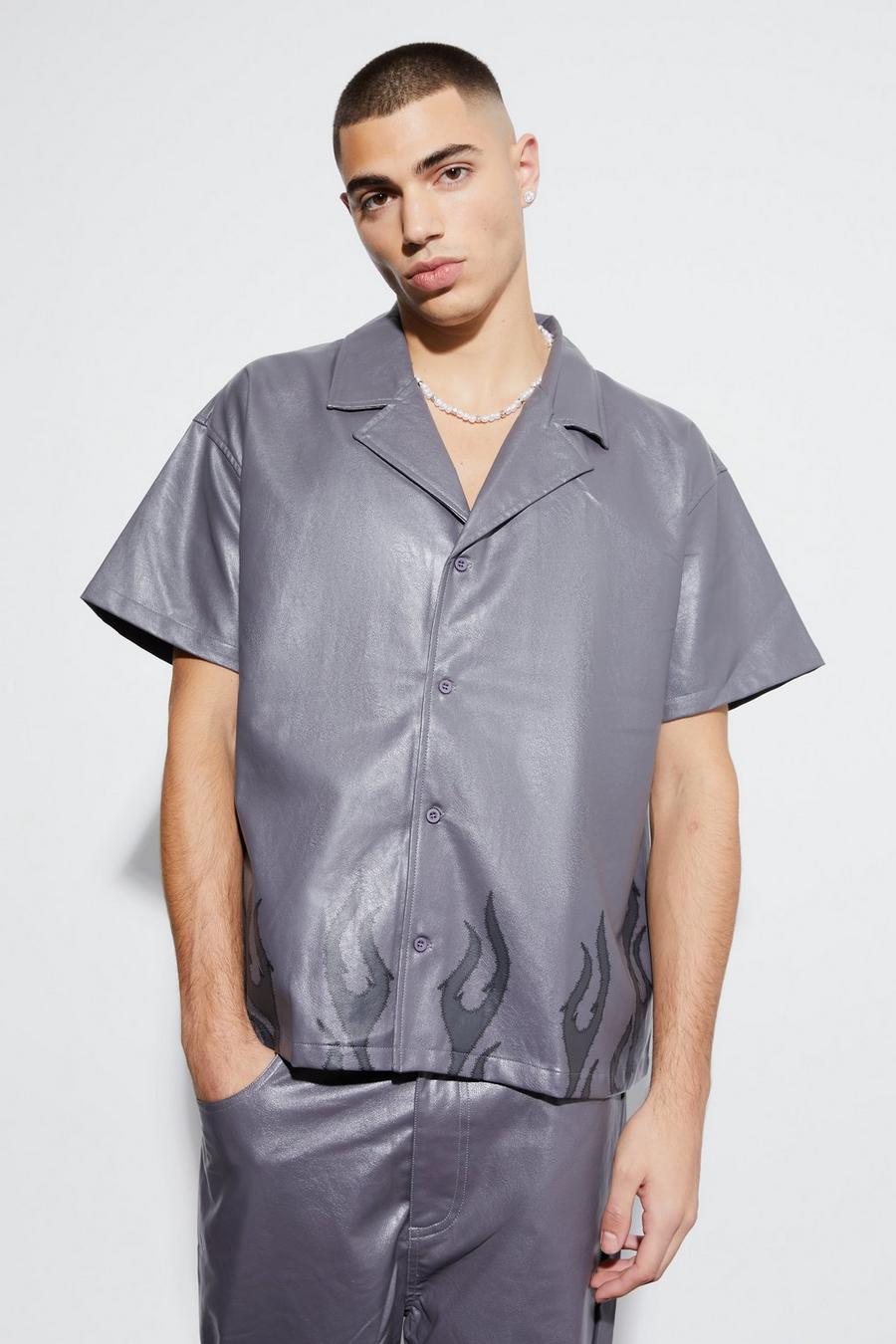 Camicia squadrata a maniche corte con fiamme sul fondo, Grey image number 1