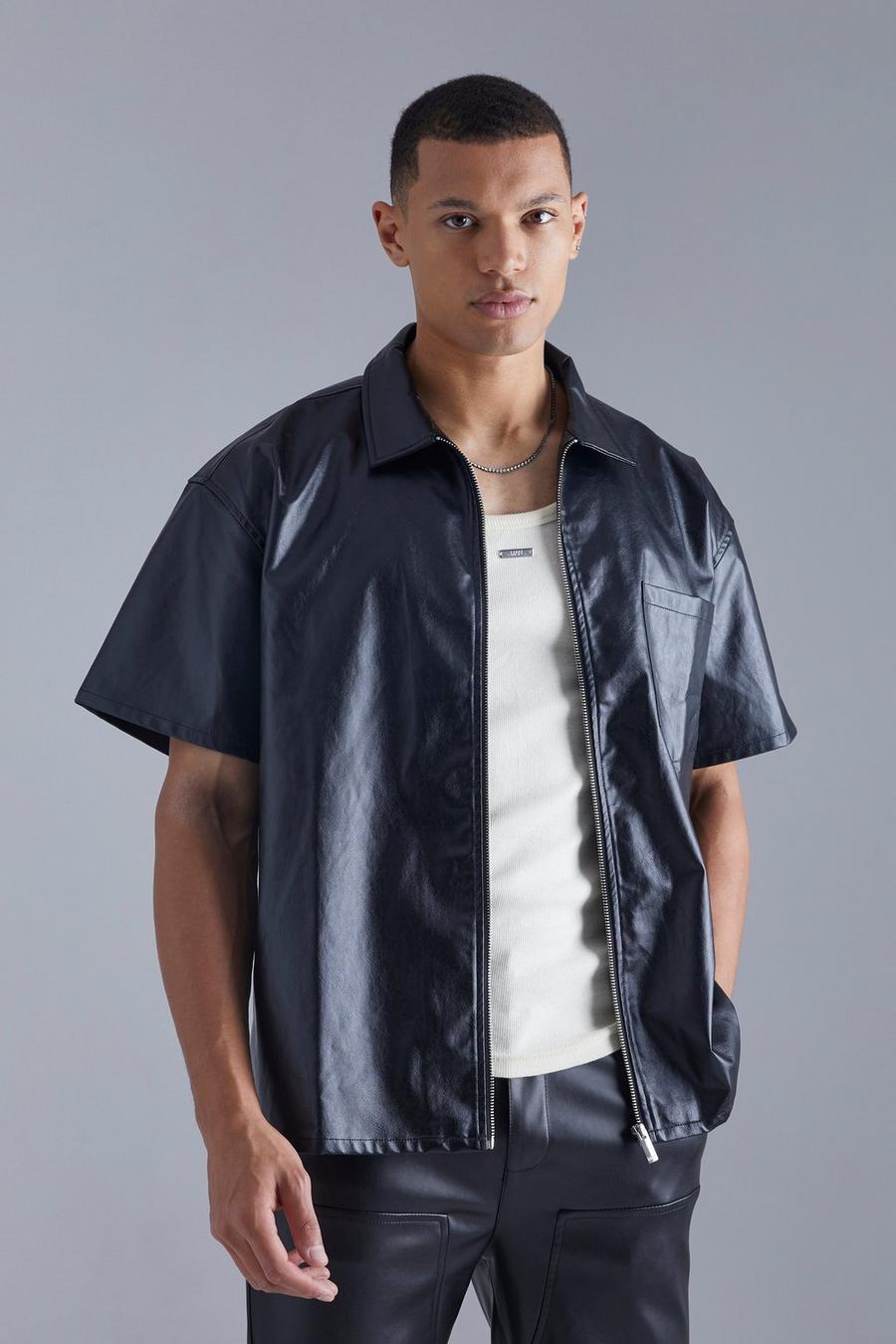 Camicia squadrata Tall in PU con zip, Black image number 1