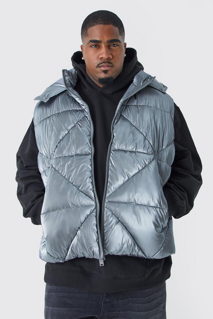 Charcoal gris Plus Metallic Quilted Gilet With Hood