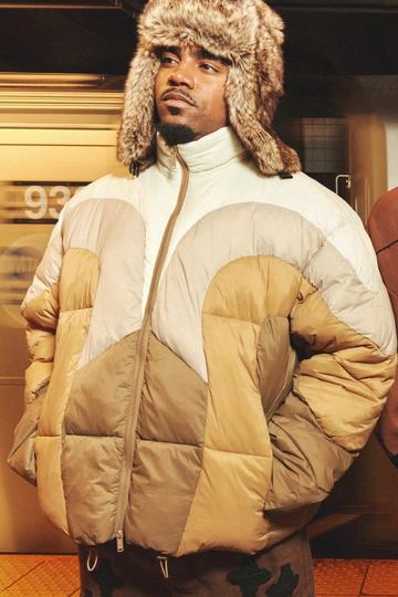 Tan Brown Plus Color Block Curved Panel Puffer