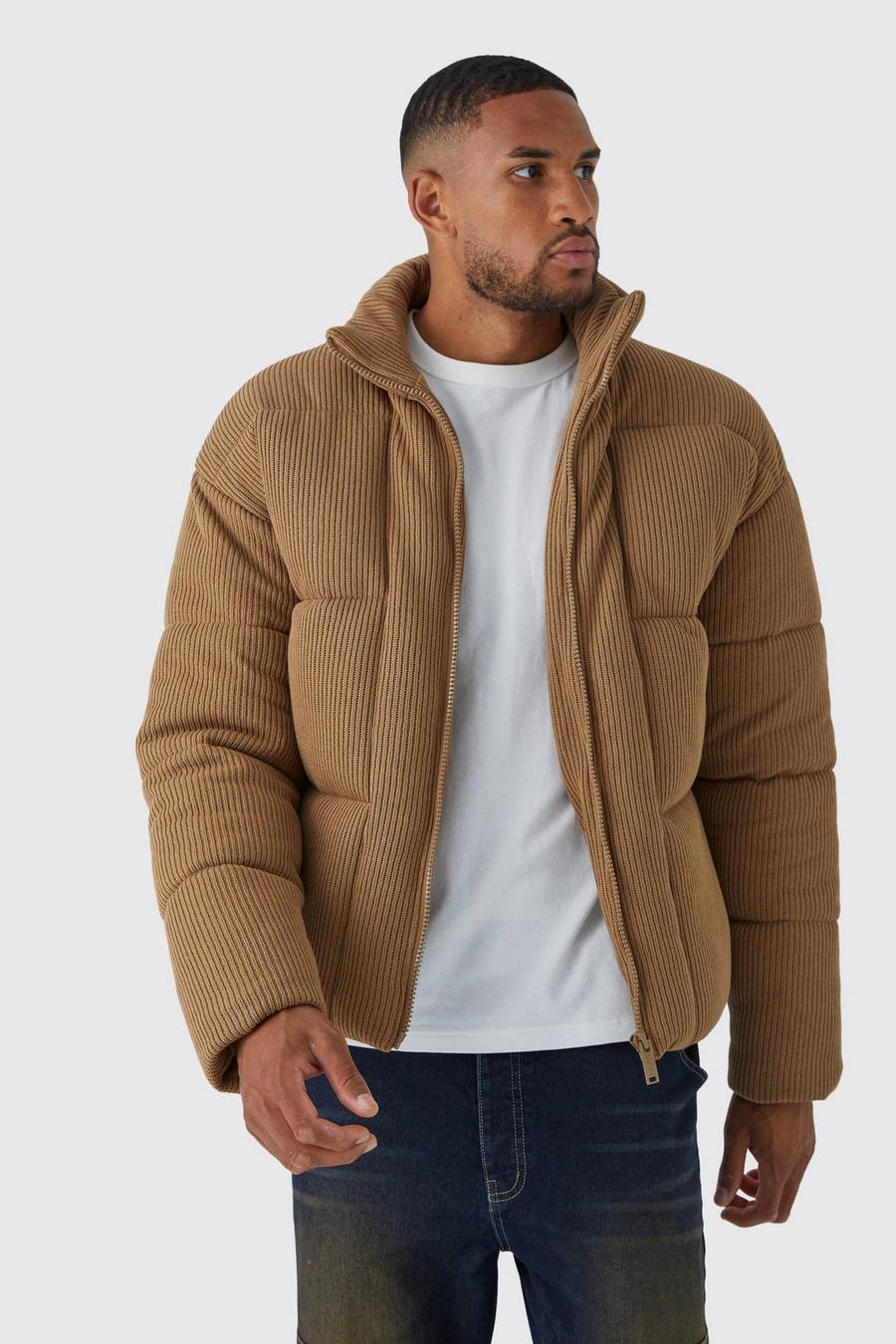Tan Tall Chunky Knitted Funnel Neck Puffer image number 1