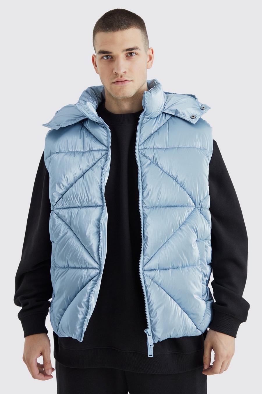 Pale blue Tall Metallic Quilted Vest With Hood