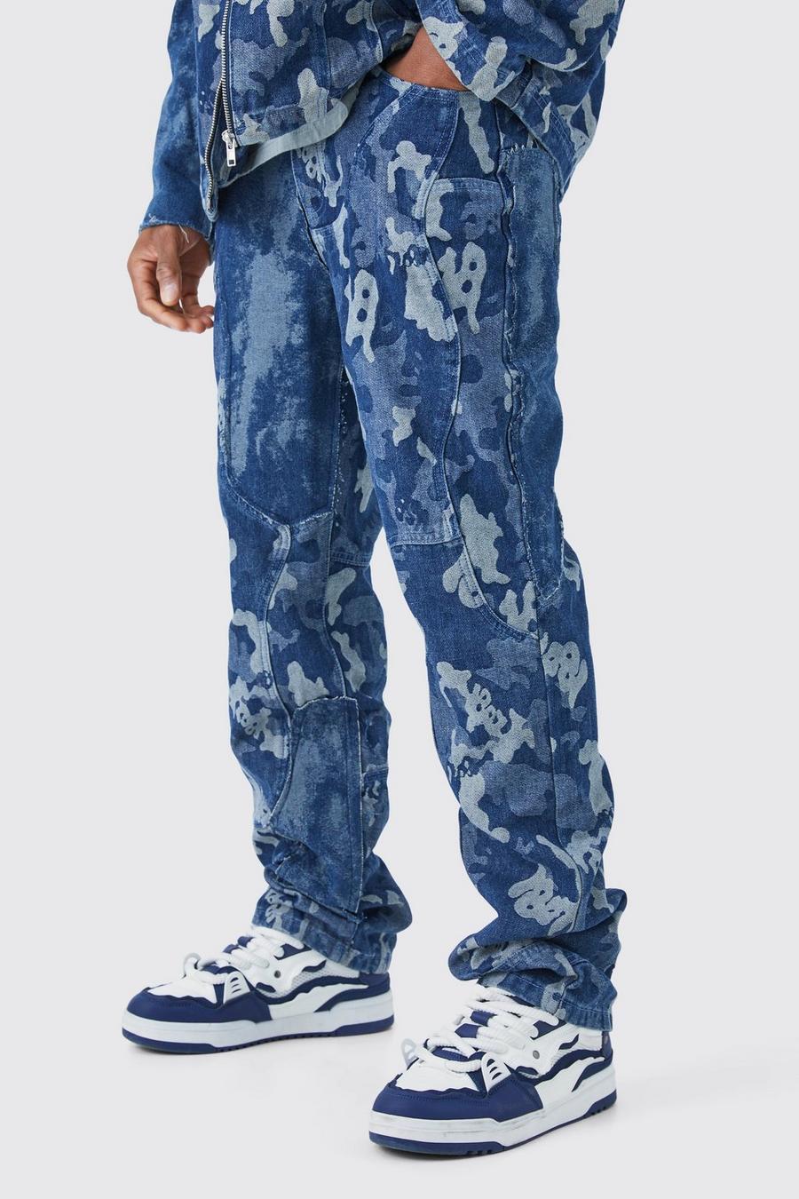 Blue Onbewerkte Gesplitste Camouflage Print Jeans image number 1
