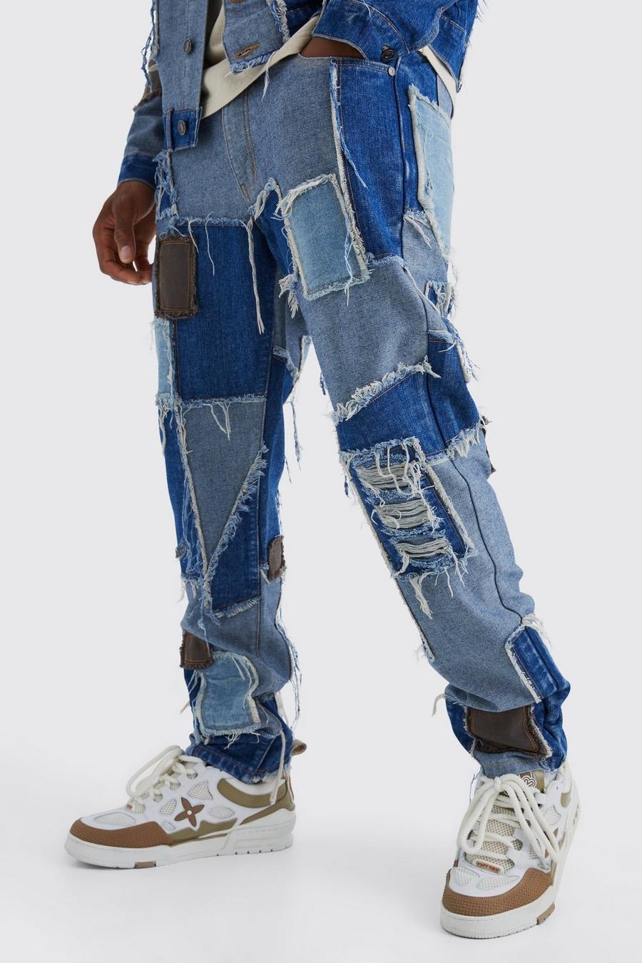 Blue Jeans med raka ben och patchwork image number 1