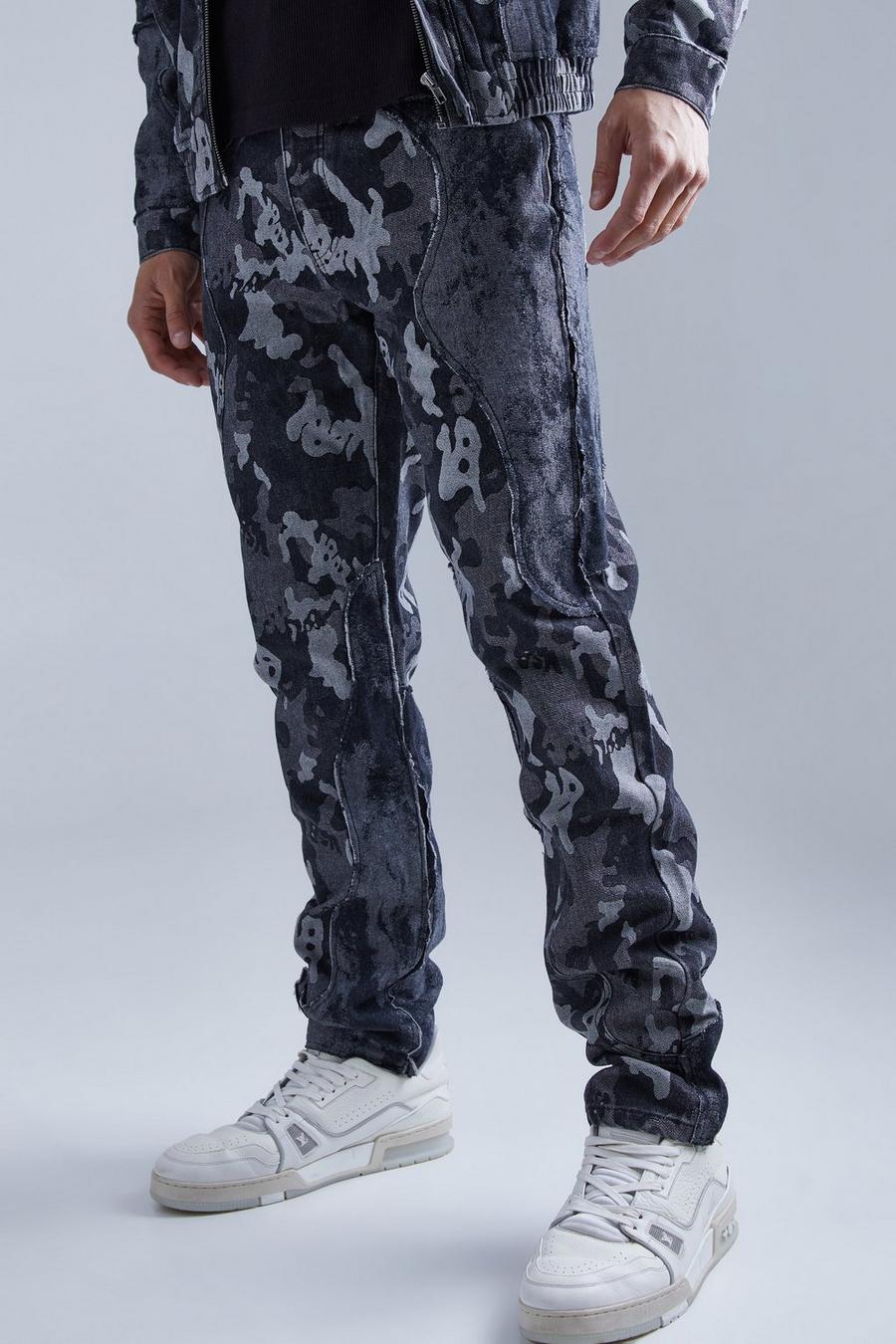 Jeans dritti in denim in fantasia militare effetto patchwork, Black image number 1
