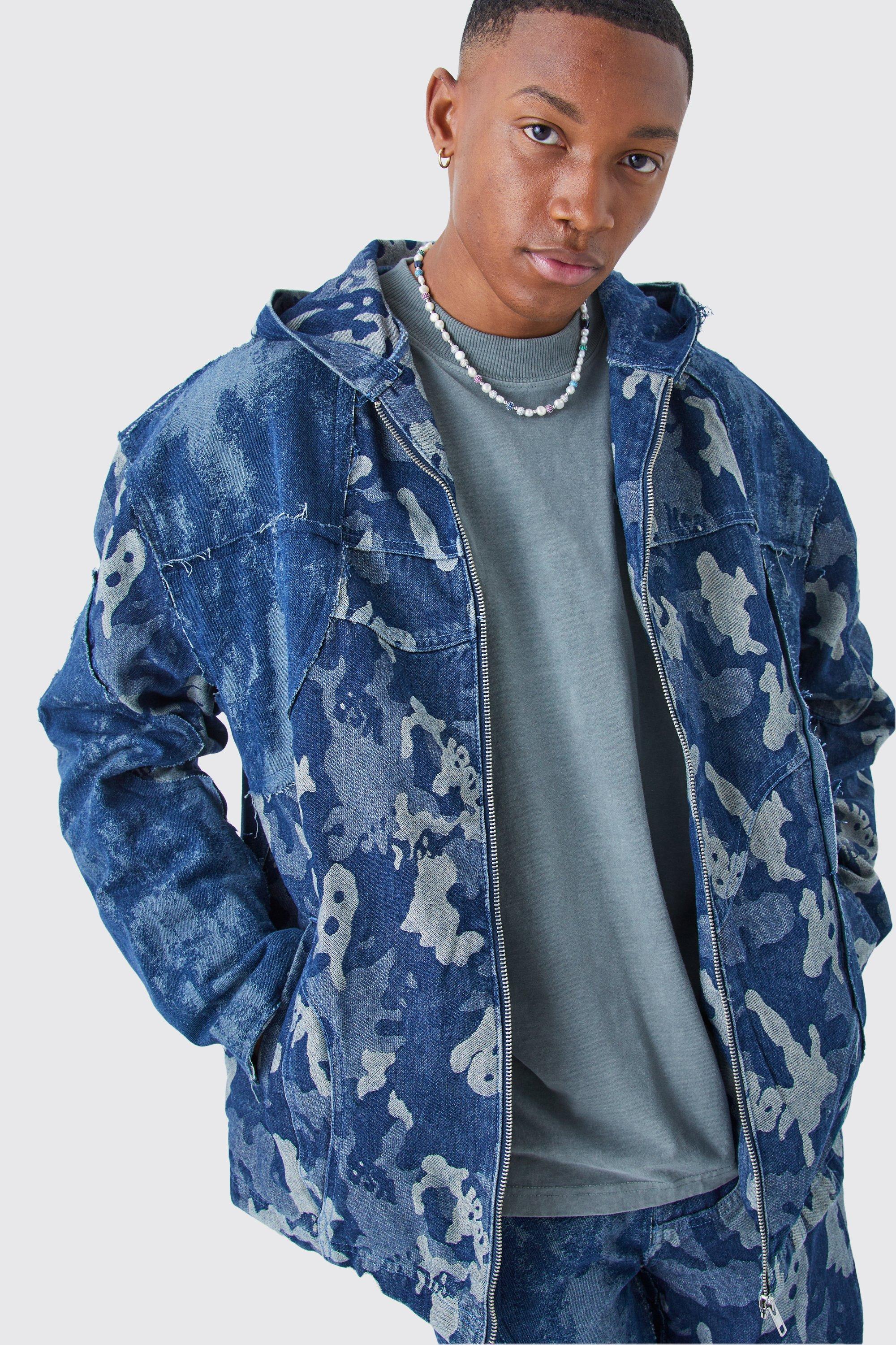 Blue Spliced Camo Hooded Denim Zip Through Jacket