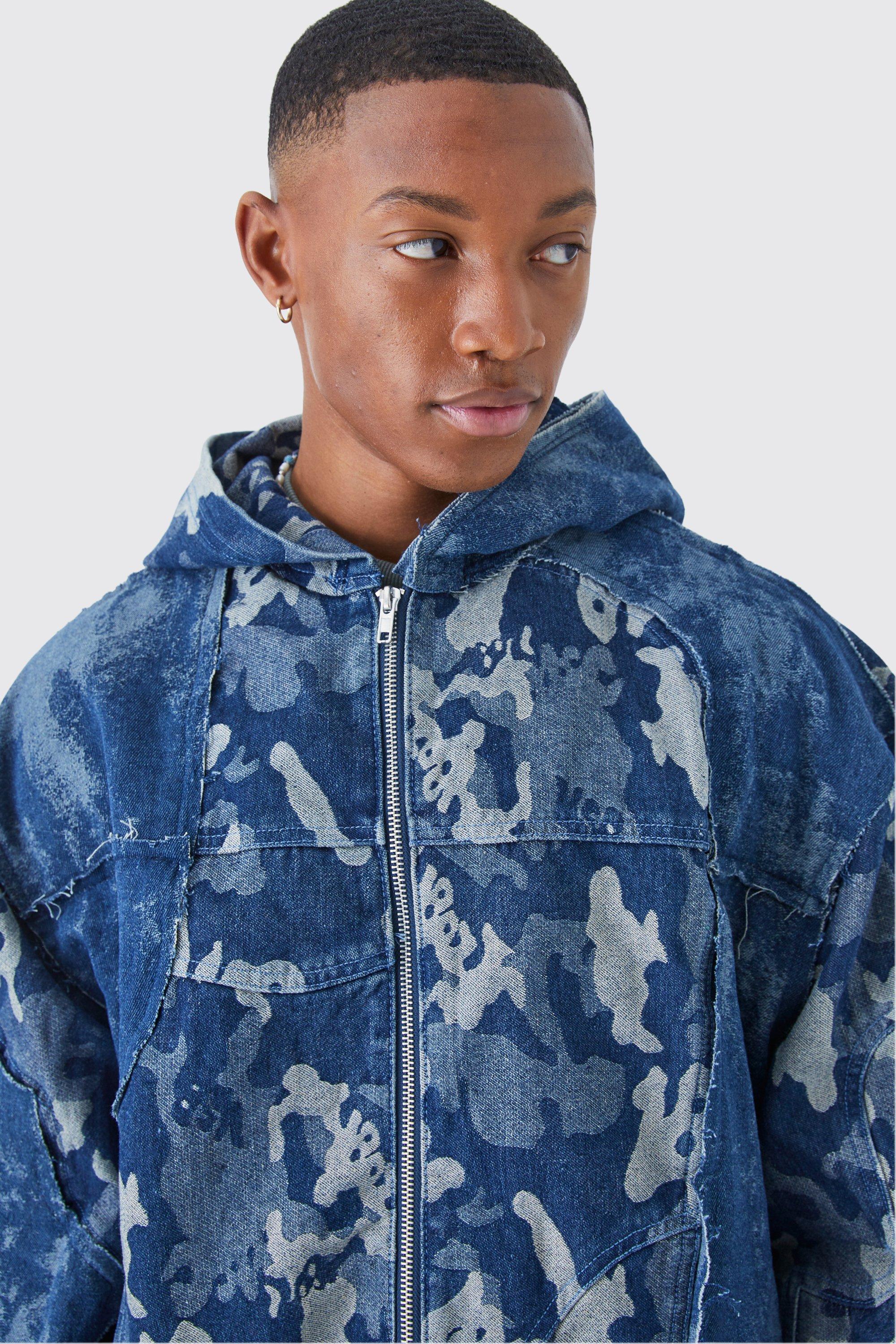 Spliced Camo Hooded Denim Zip Through Jacket