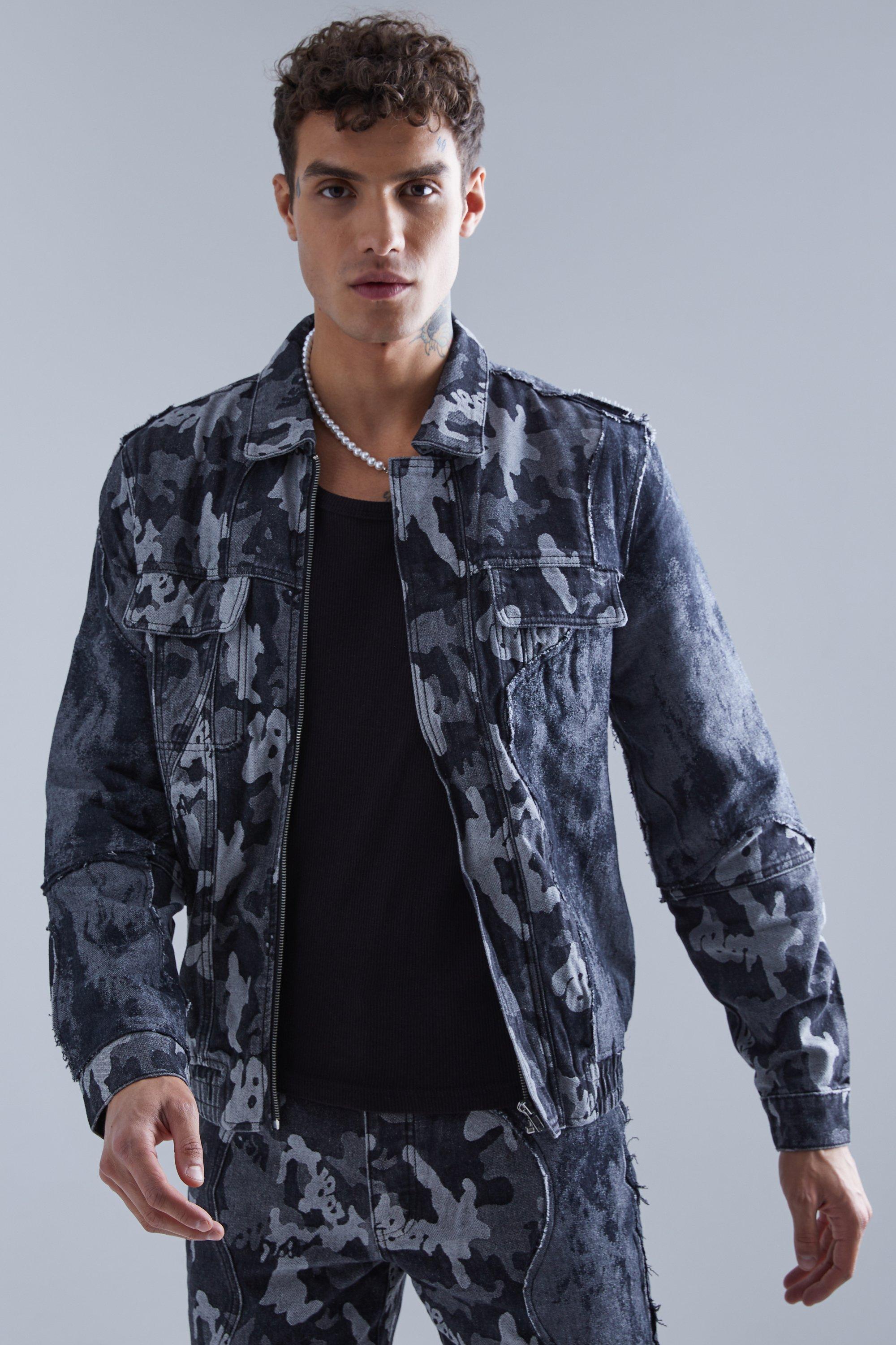 Black Regular Fit Spliced Camo Denim Jacket