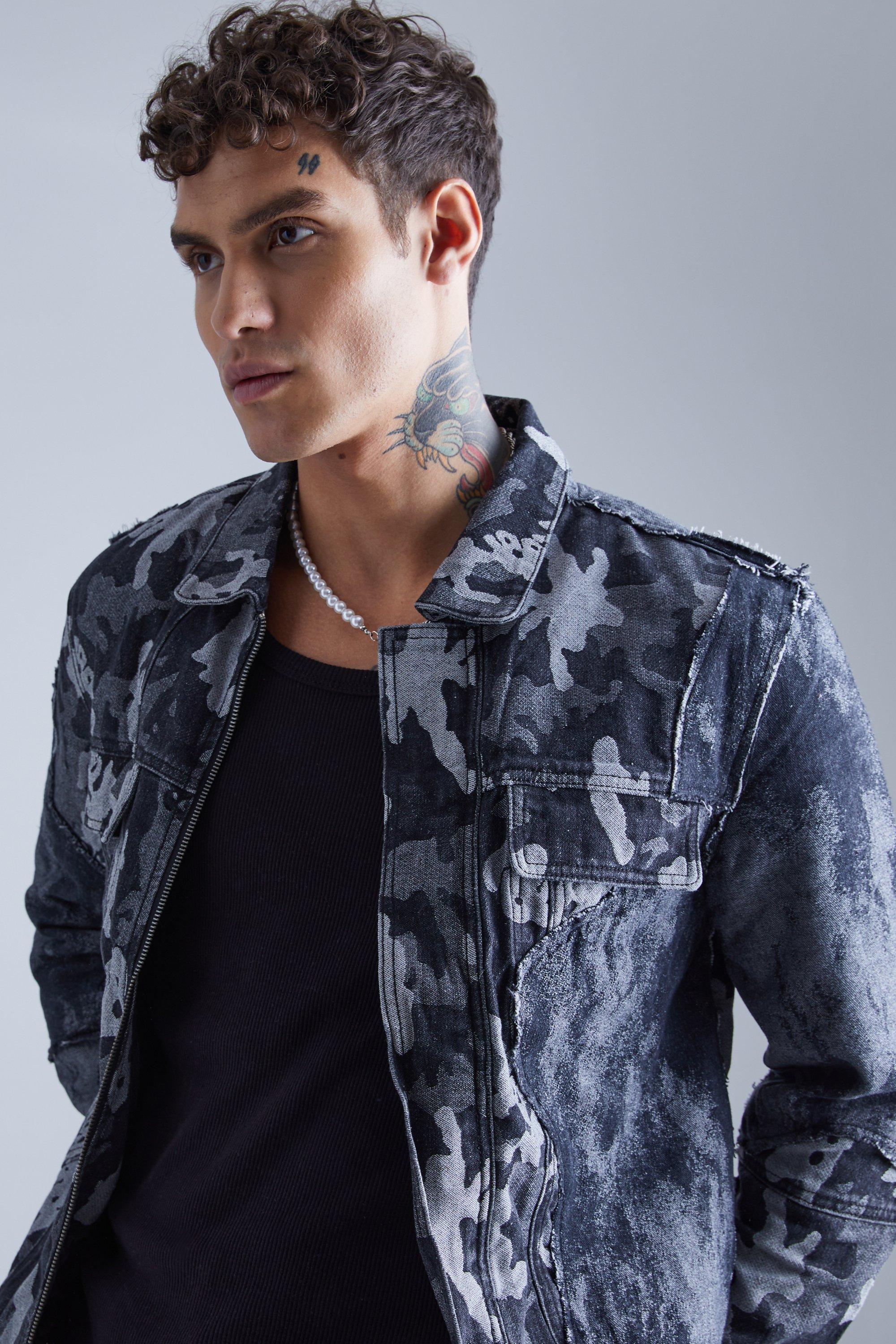 Regular Fit Spliced Camo Denim Jacket