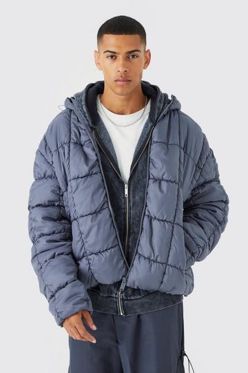 Grey Square Quilted Ruched Puffer