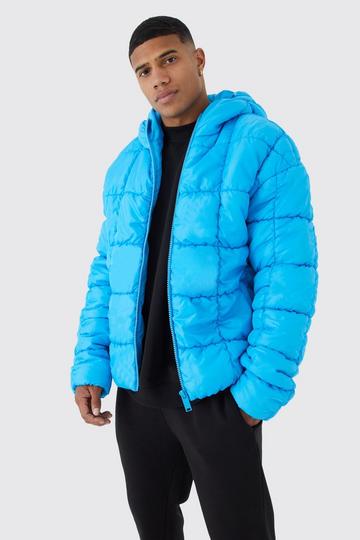 Blue Square Quilted Ruched Puffer