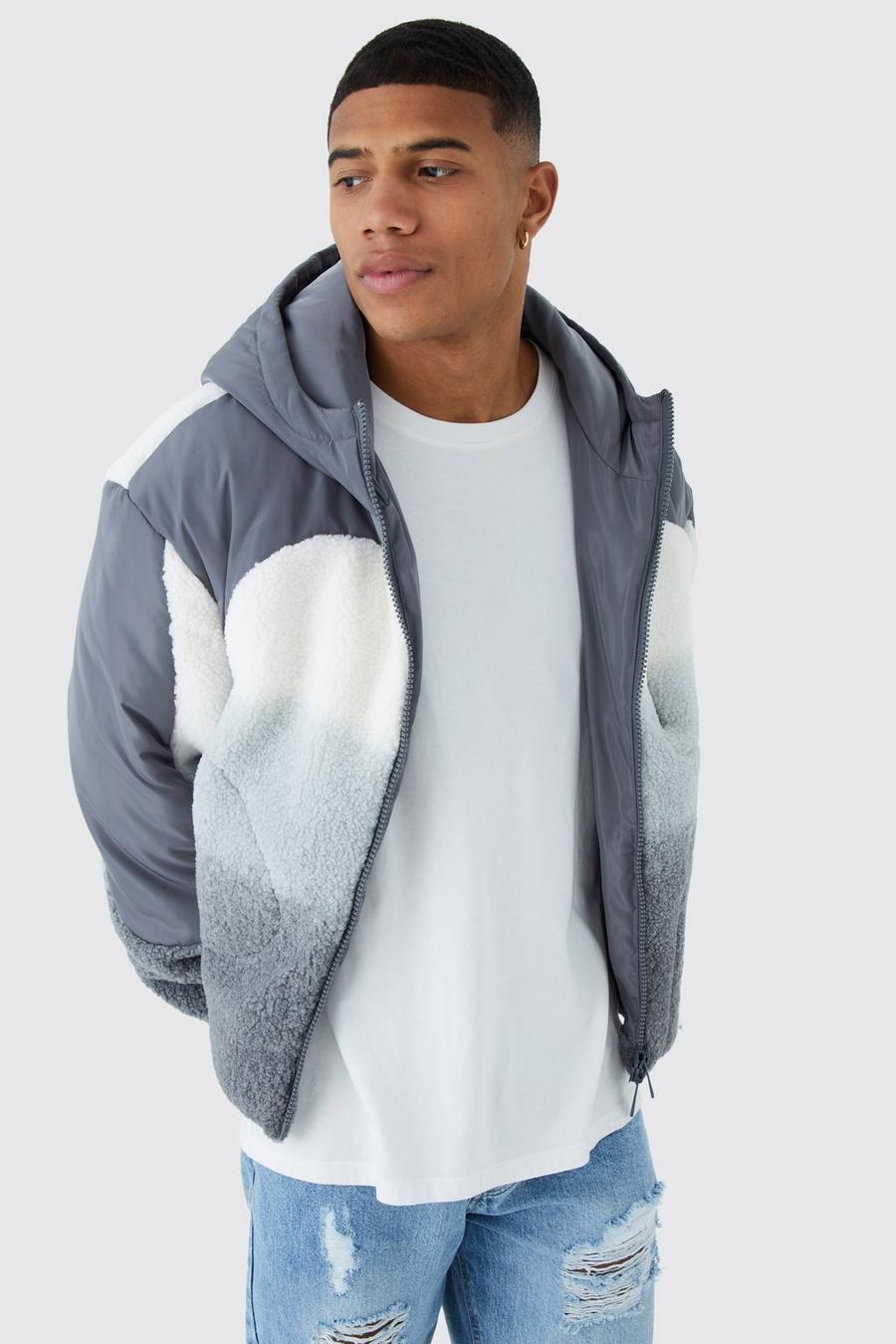 Grey Boxy Borg Ombre Puffer With Hood image number 1