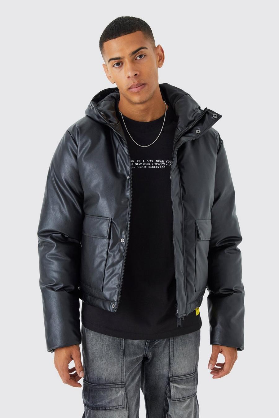 Black Boxy Pu Hooded Puffer With Pockets image number 1