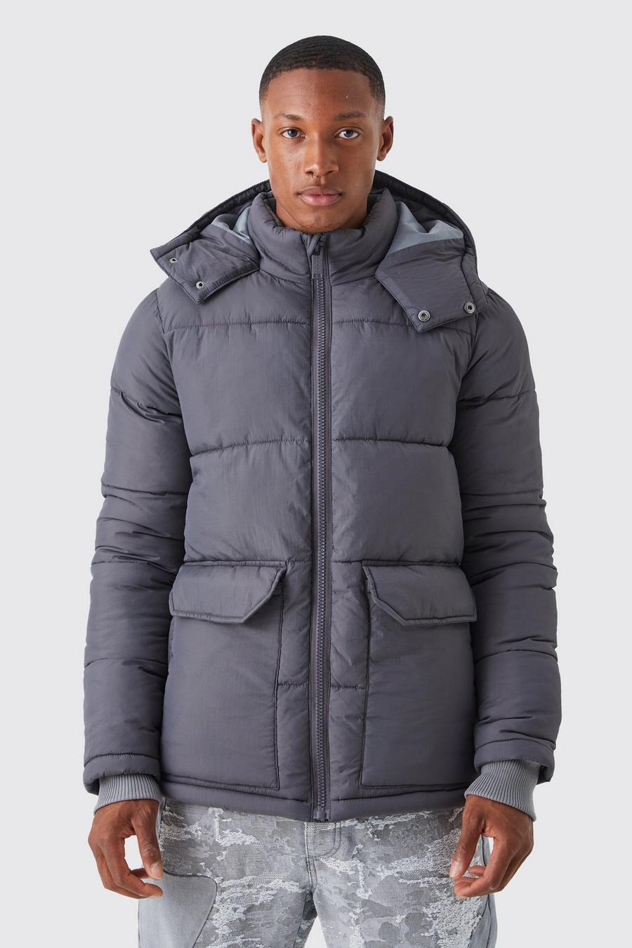 Charcoal Contrast Hood Mid Length Puffer image number 1