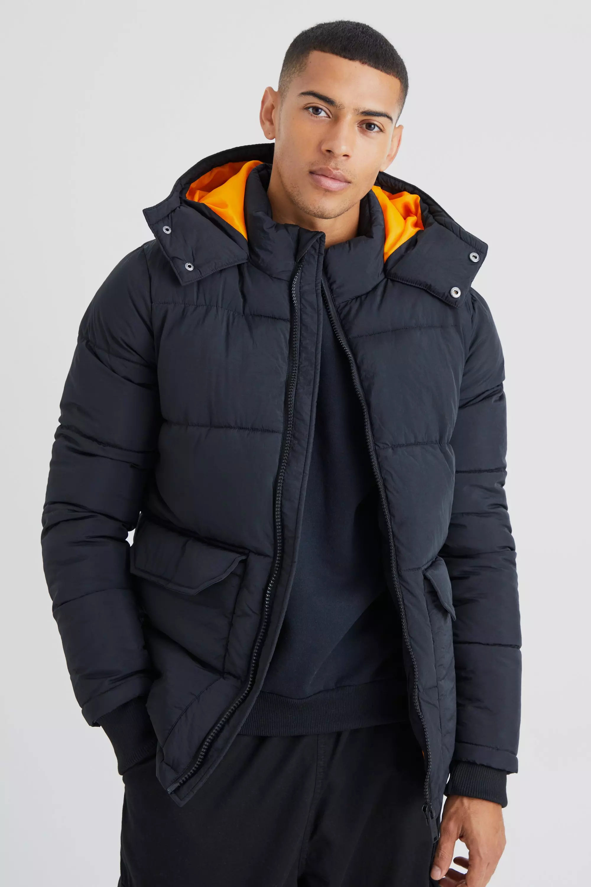 Black puffer jacket mid length on sale