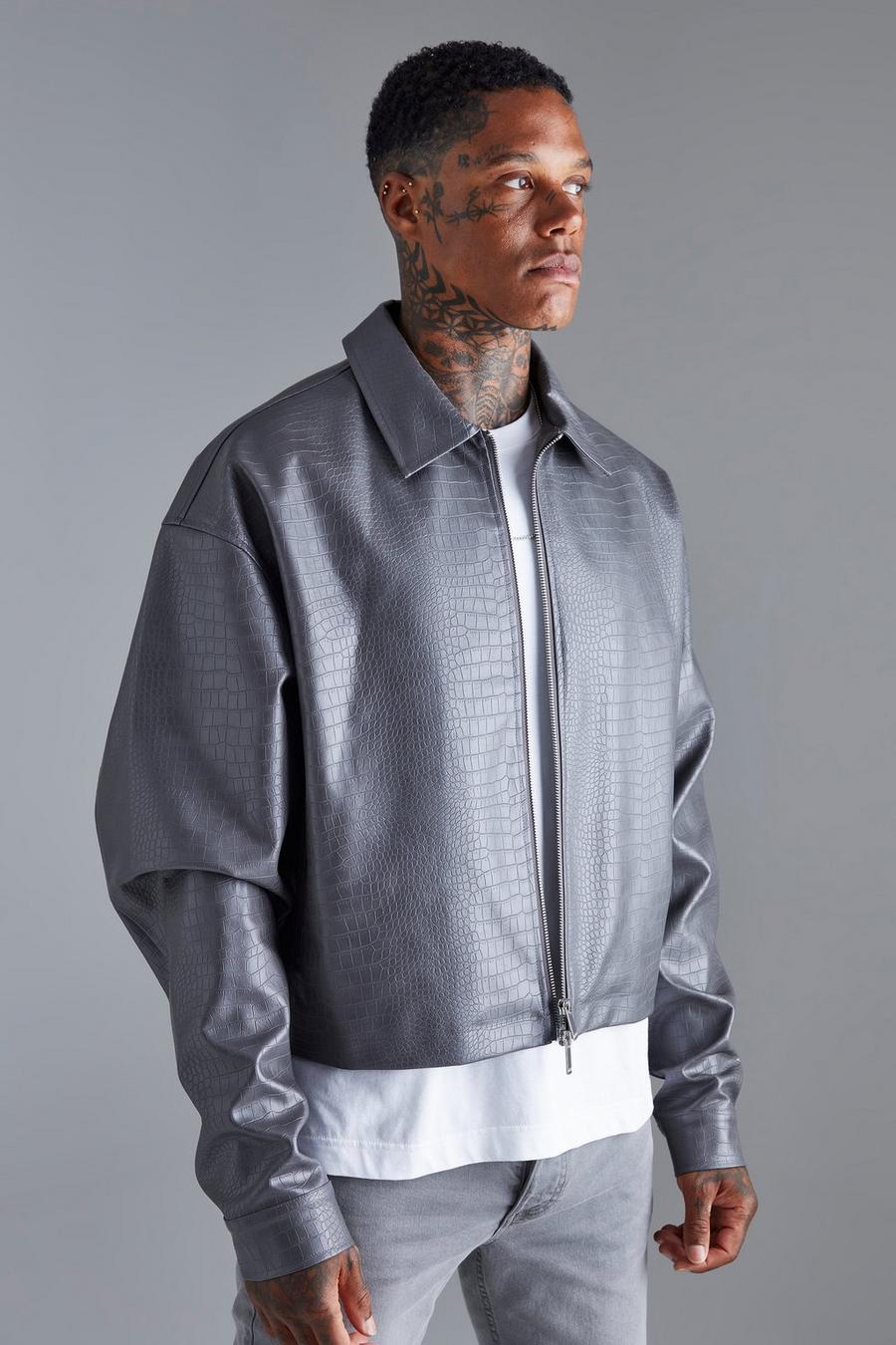 Grey Boxy Croc Pu Harrington Jacket