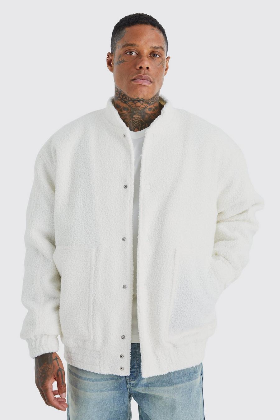 Ecru Oversized Heavy Boucle Textured Bomber 