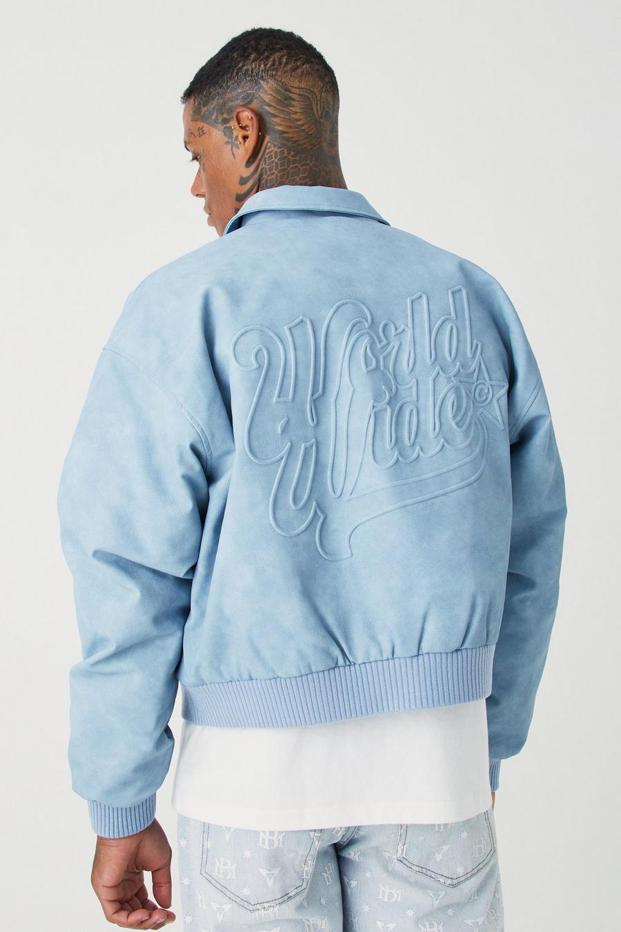 Pale blue Boxy Vintage Pu Embossed Collared Bomber