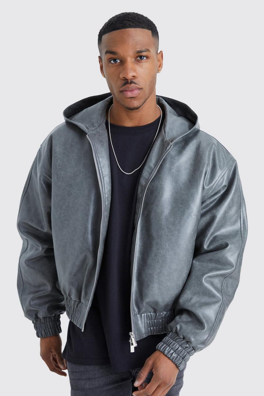 Charcoal Boxy Cracked Pu Hooded Bomber image number 1
