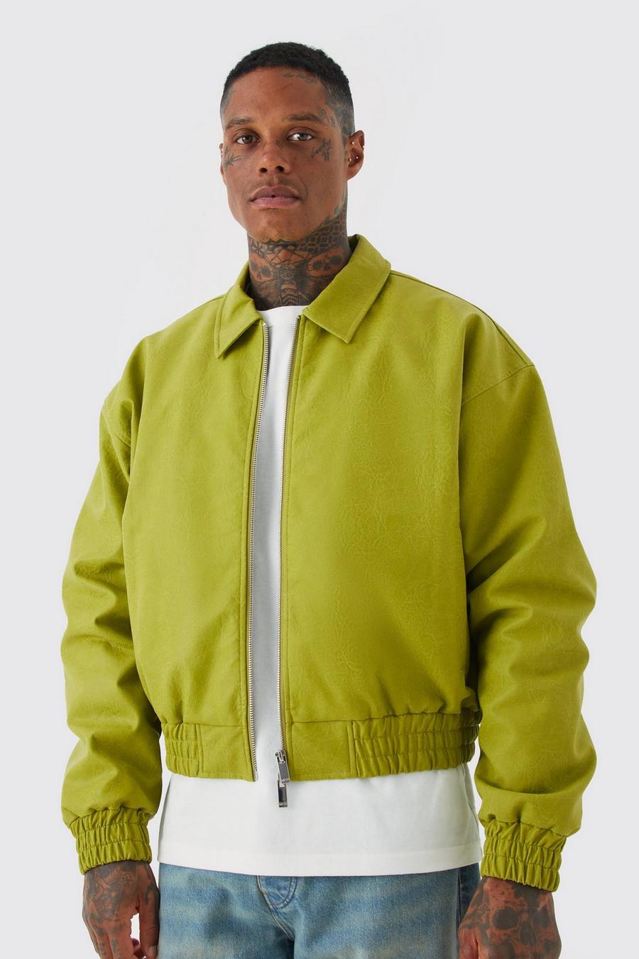 Lime green Boxy Cracked Pu Collared Bomber