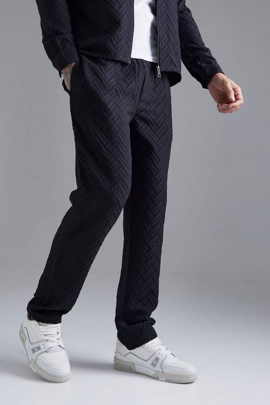 Pantaloni dritti Smart con motivi geometrici tono su tono, Black image number 1