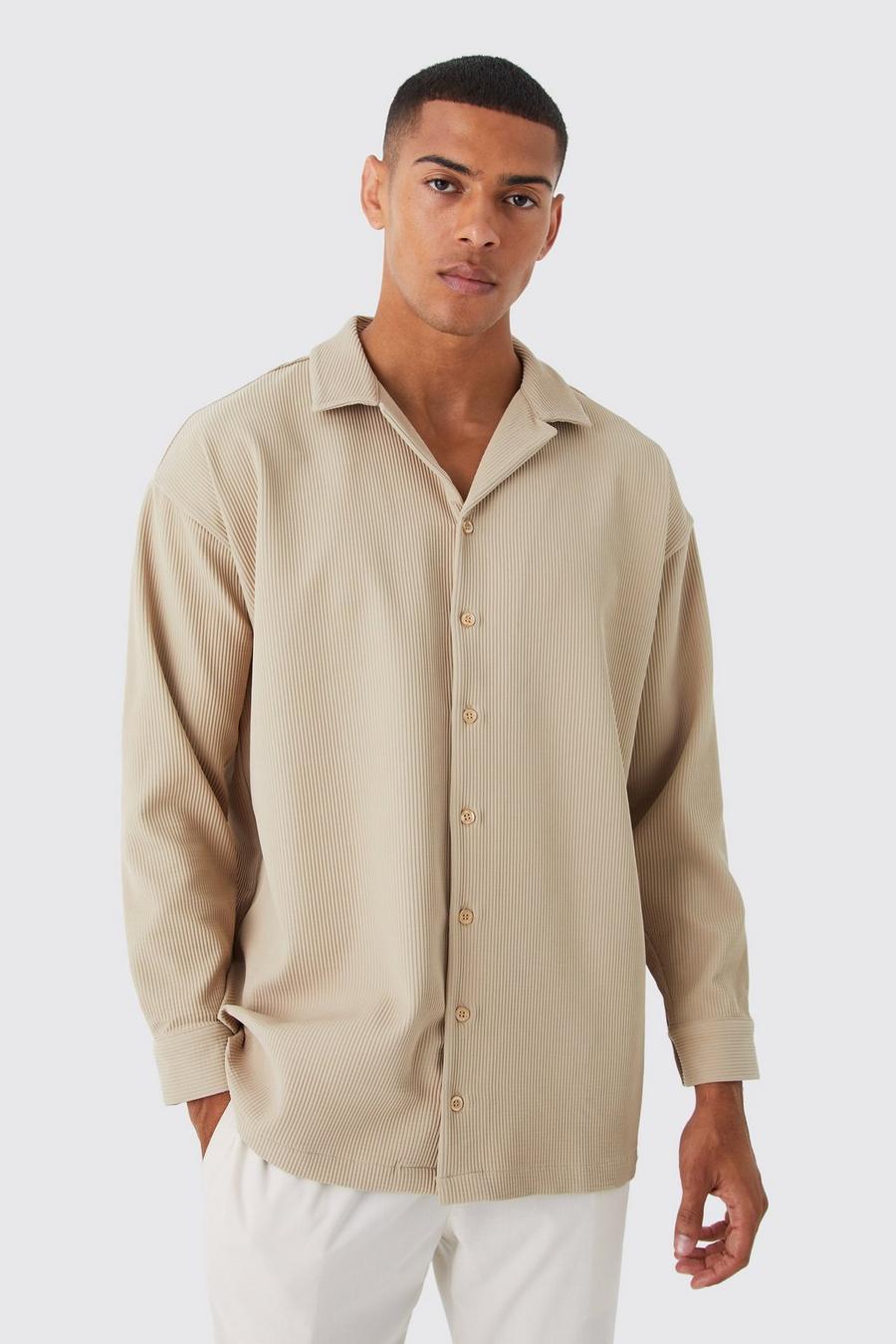 Stone beige Oversized Geplooid Overhemd Met Lange Mouwen