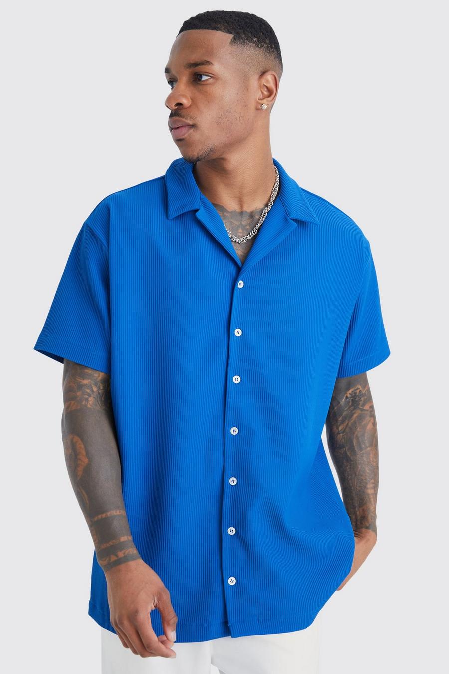 Blue bleu Short Sleeve Pleated Oversized Shirt