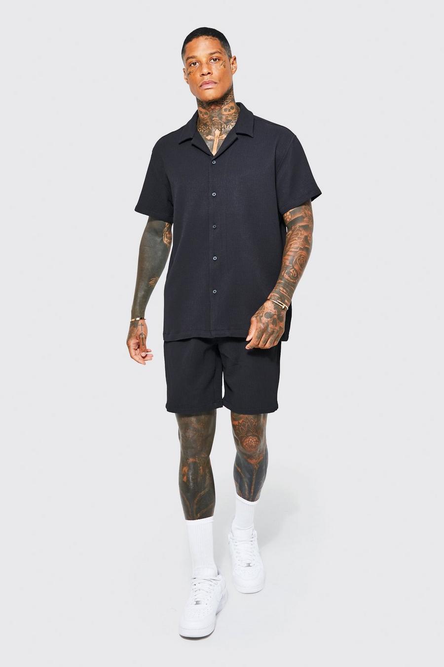 Black Oversized Short Sleeve Pleated Shirt And Short