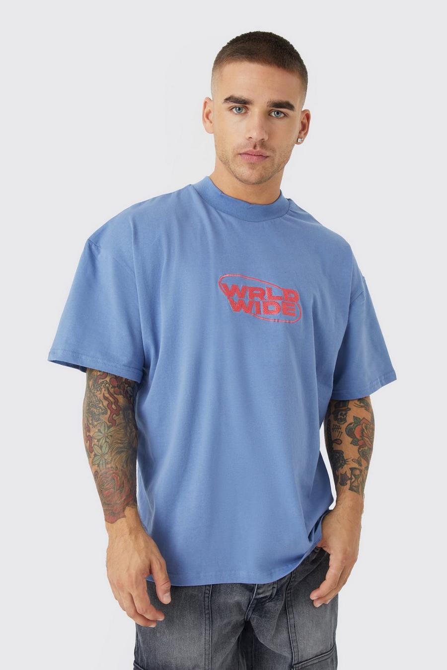 Blue Oversized Heavy Embroidered Worldwide T-shirt