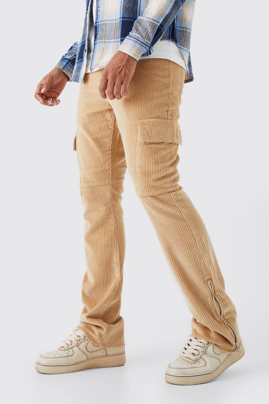Taupe beige Heavyweight Slim Flare Zip Gusset Cargo Cord Trouser