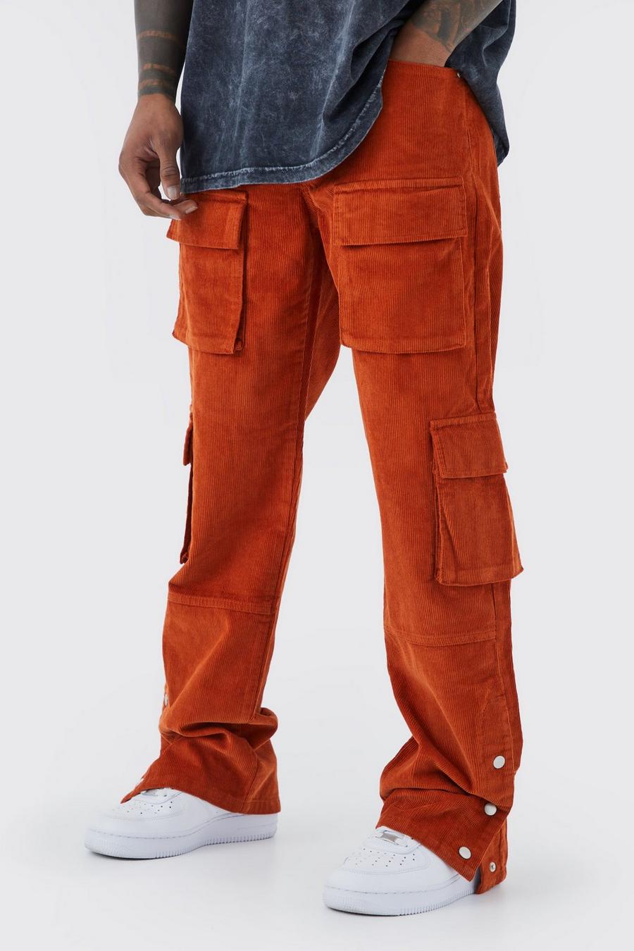 Orange Relaxed Multi Cargo Popper Hem Cord Trouser