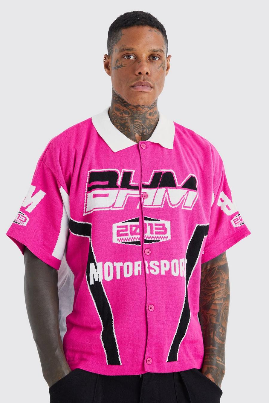 Camisa recta de punto con estampado de motociclismo, Pink rosa
