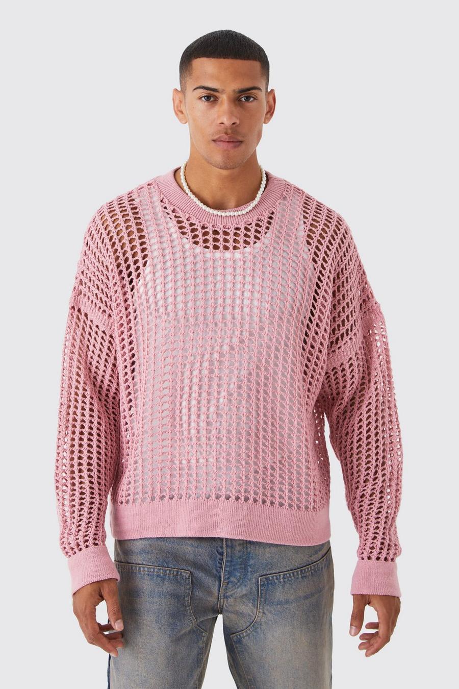 Pink Boxy Fit Crochet Sweater