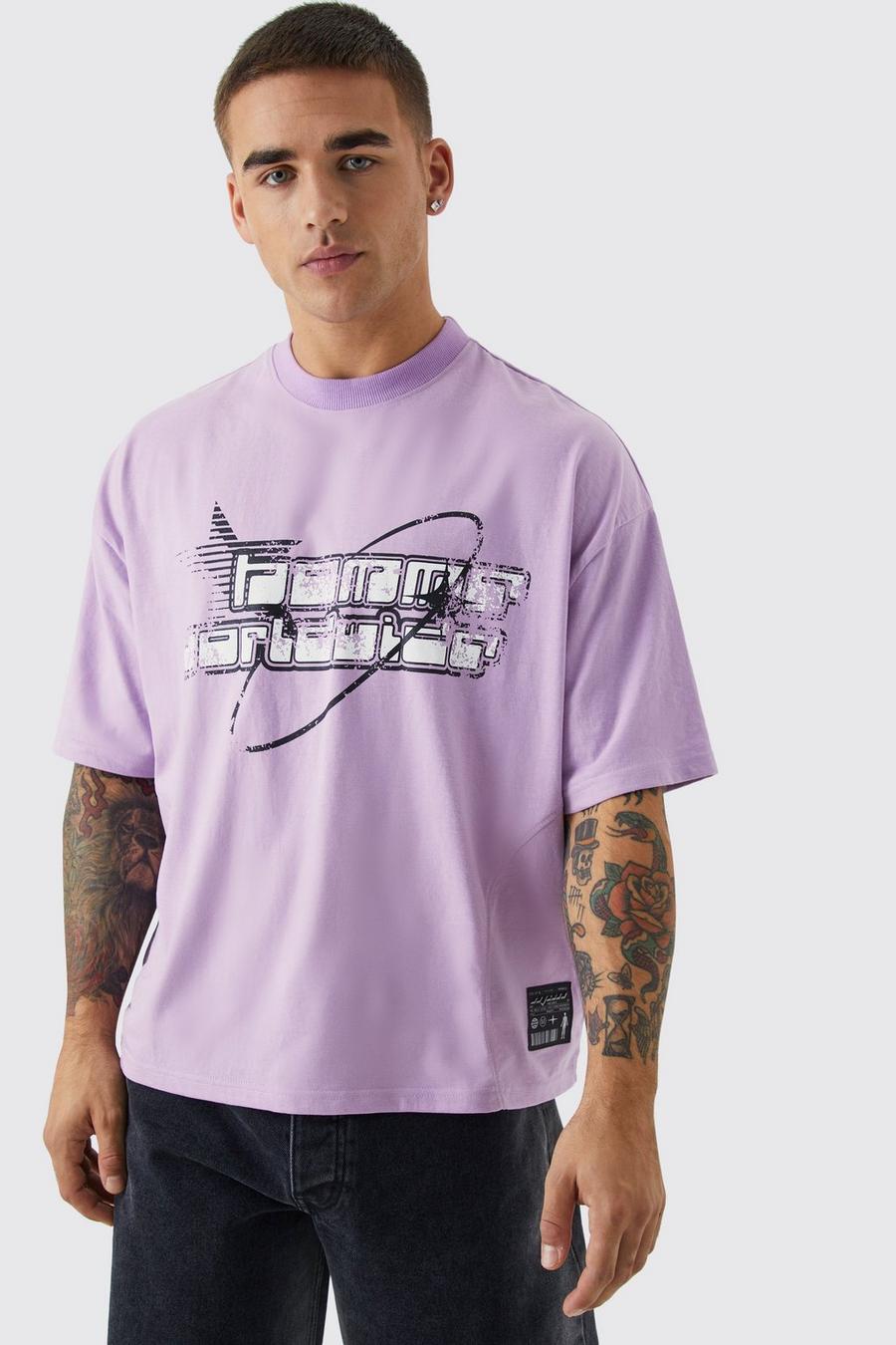Camiseta oversize recta con panel de estrellas y estampado Homme, Lilac