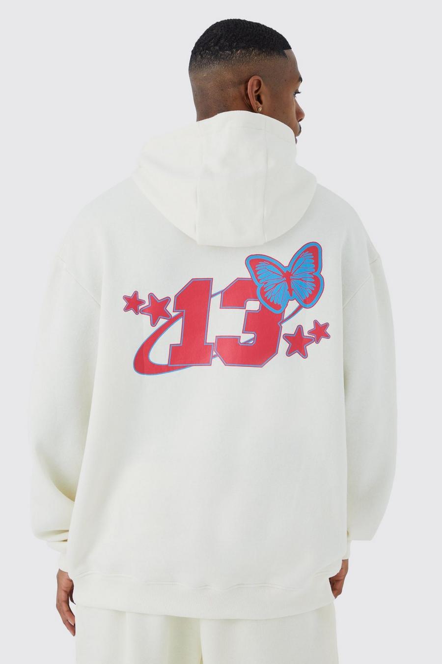 Ecru white Oversized Varsity Butterfly Graphic Hoodie