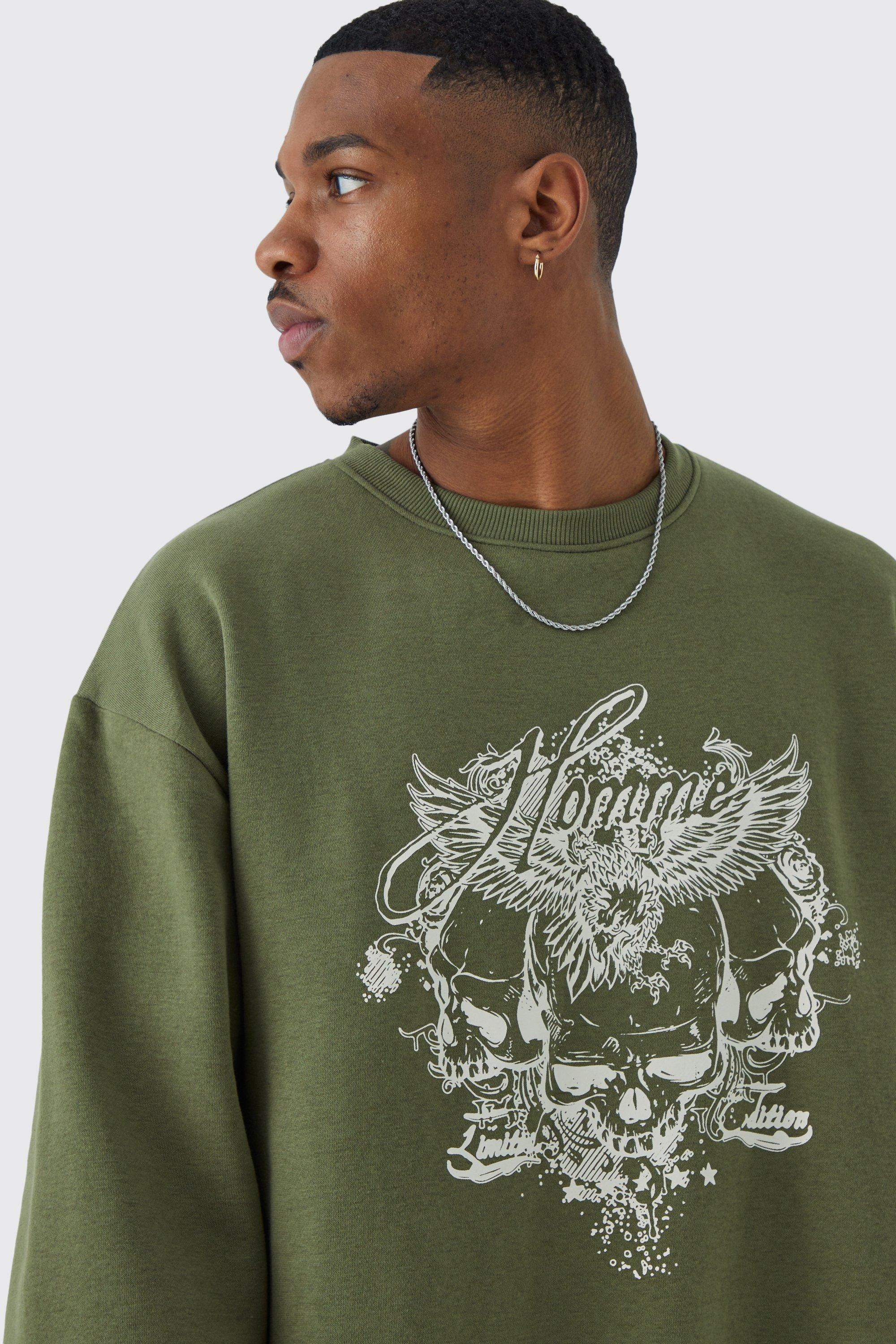 boohooMAN Oversized Vintage Skull Graphic Sweatshirt - Green - Size XS