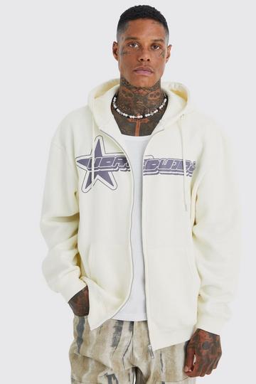 Ecru White Oversized Worldwide Star Zip Through Hoodie