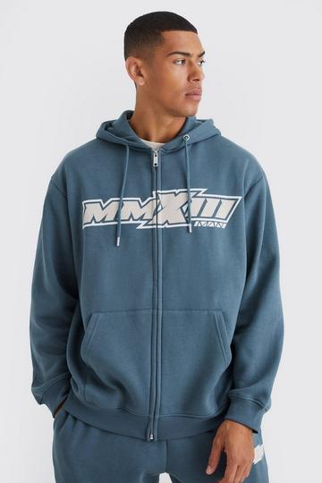 Blue Oversized Moto Print Zip Through Hoodie