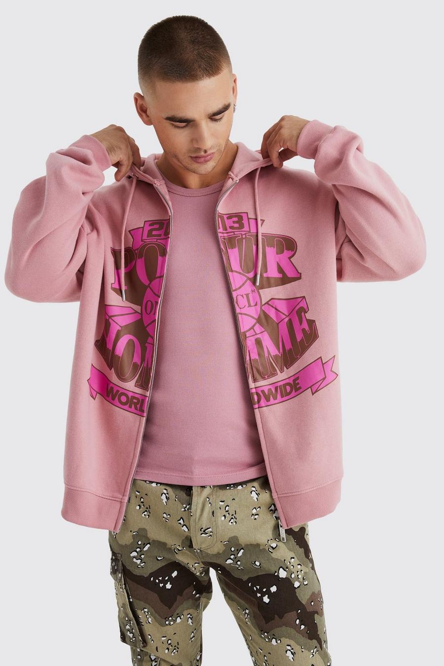 Oversize Hoodie mit Pour Homme Print und Reißverschluss, Dusty pink