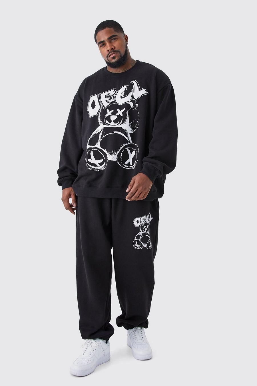 Plus Oversize Sweatshirt-Trainingsanzug mit Teddy-Print, Black image number 1