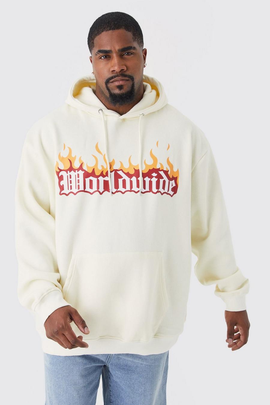 Ecru white Plus Oversized Worldwide Flames Graphic Hoodie image number 1