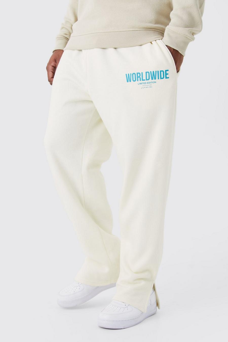 Pantalón deportivo Plus con abertura en el bajo y estampado Worldwide, Ecru white